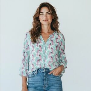 Roller Rabbit Parrot Print Blouse Tropical Palm Cotton Top XS